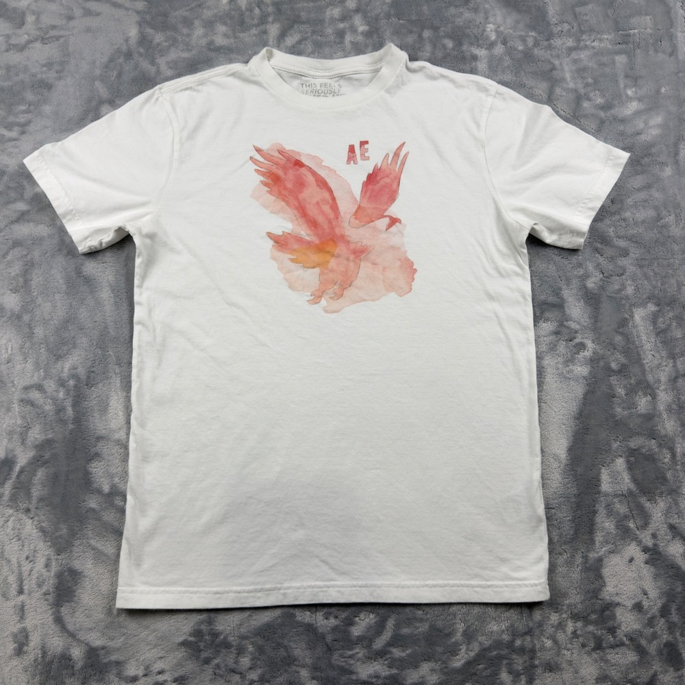 American Eagle Mens XS White Seriously Lived-In Watercolor Eagle Graphic T-Shirt